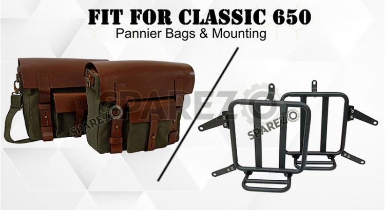 For Royal Enfield Classic 650 Genuine Leather Pannier Bags Olive With Mounting - SPAREZO